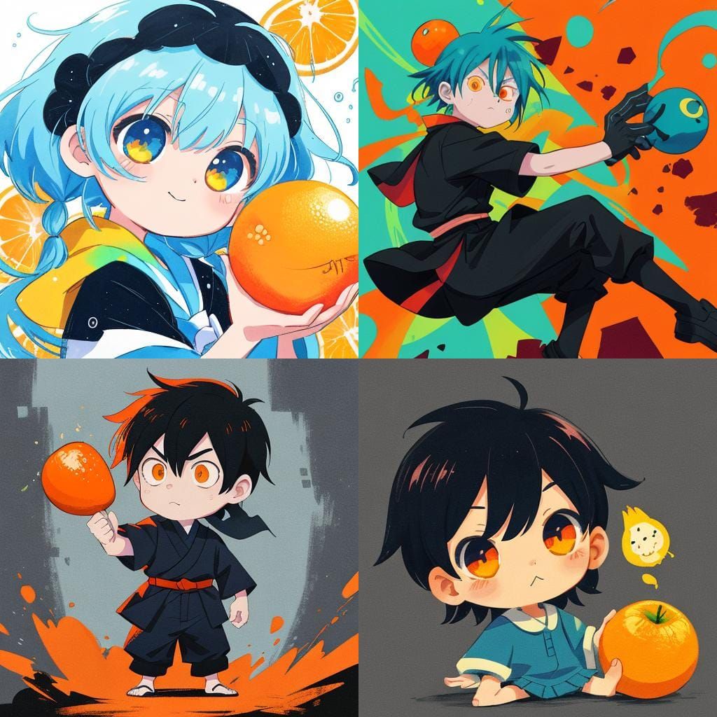 Chibi Gojo with Oranges in Anime Style