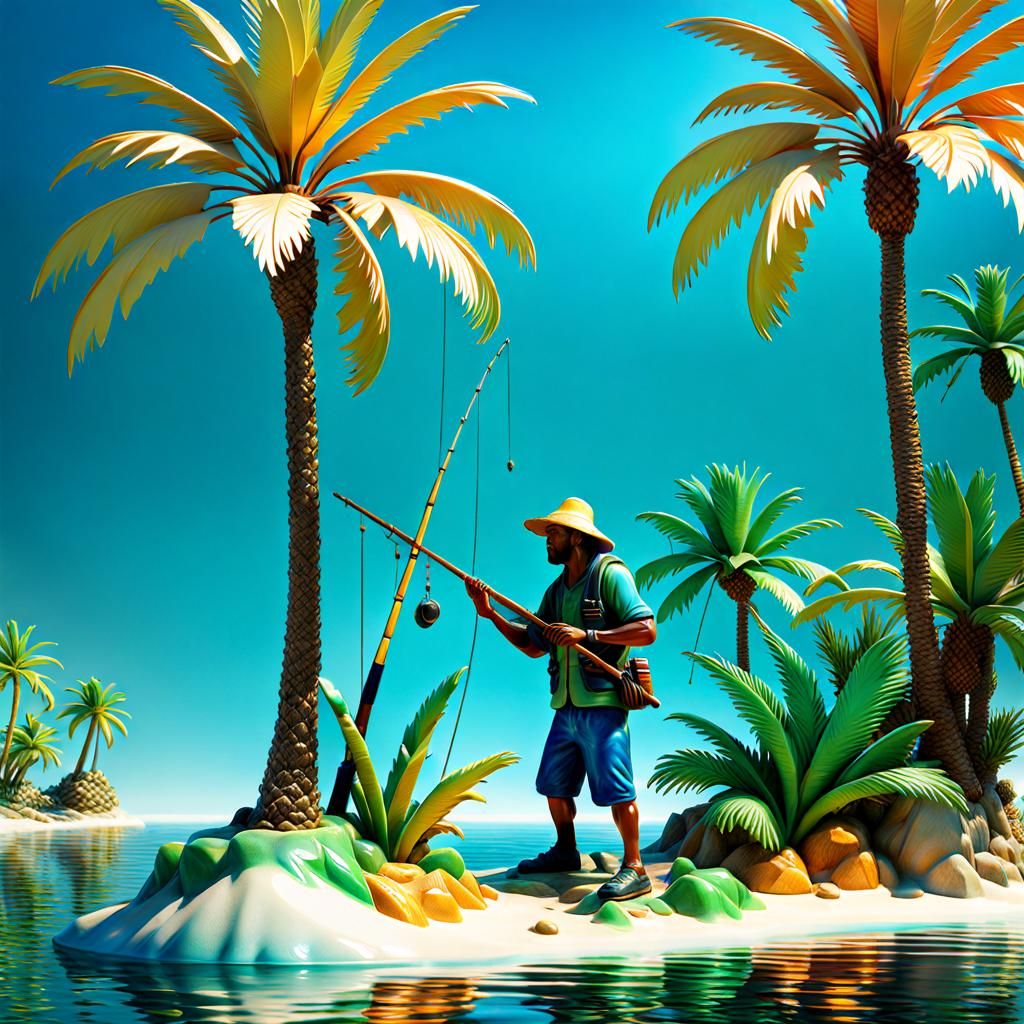 Ceramic Fisherman in Palm Tree Pond: 3D Art