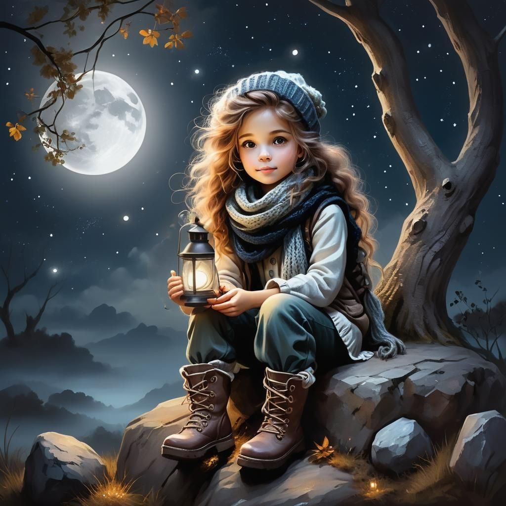Ethereal Girl with Lantern Gazing at Night Sky
