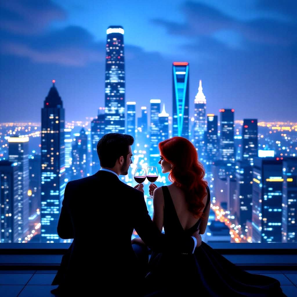 Romantic Rooftop View: A Photorealistic Couple's Embrace