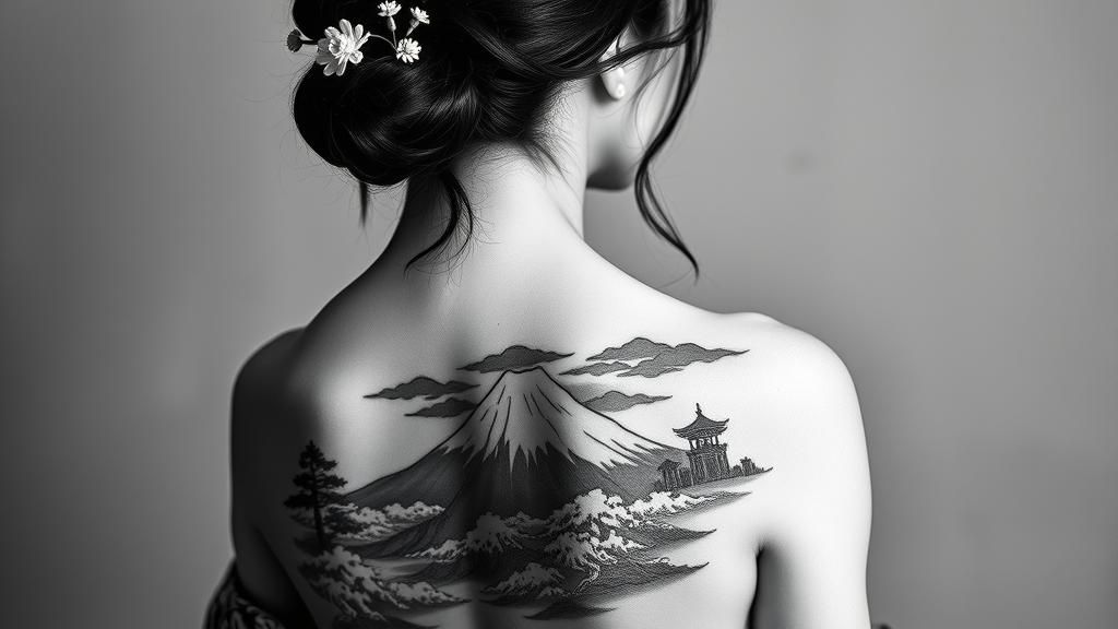 Japanese Woman Portrait with Mount Fuji Tattoo