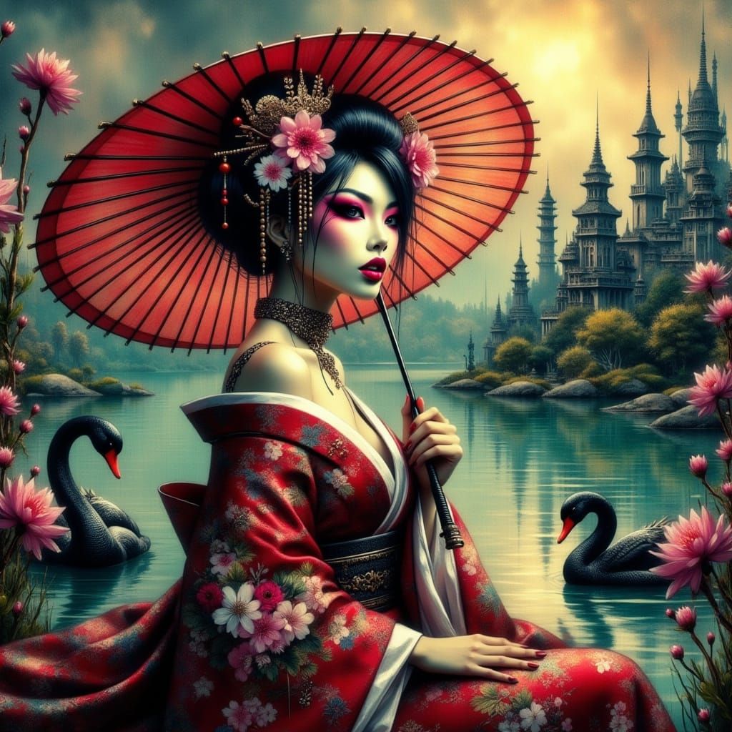 Geisha in Crimson Dress with Swans and Castle
