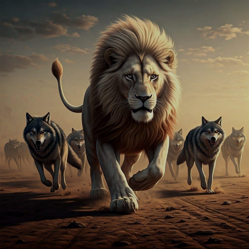 White Lion Chases Wolves: Cinematic Film Still