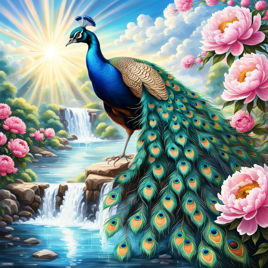 Photorealistic Peacock Spreading Feathers in Digital Paintin...