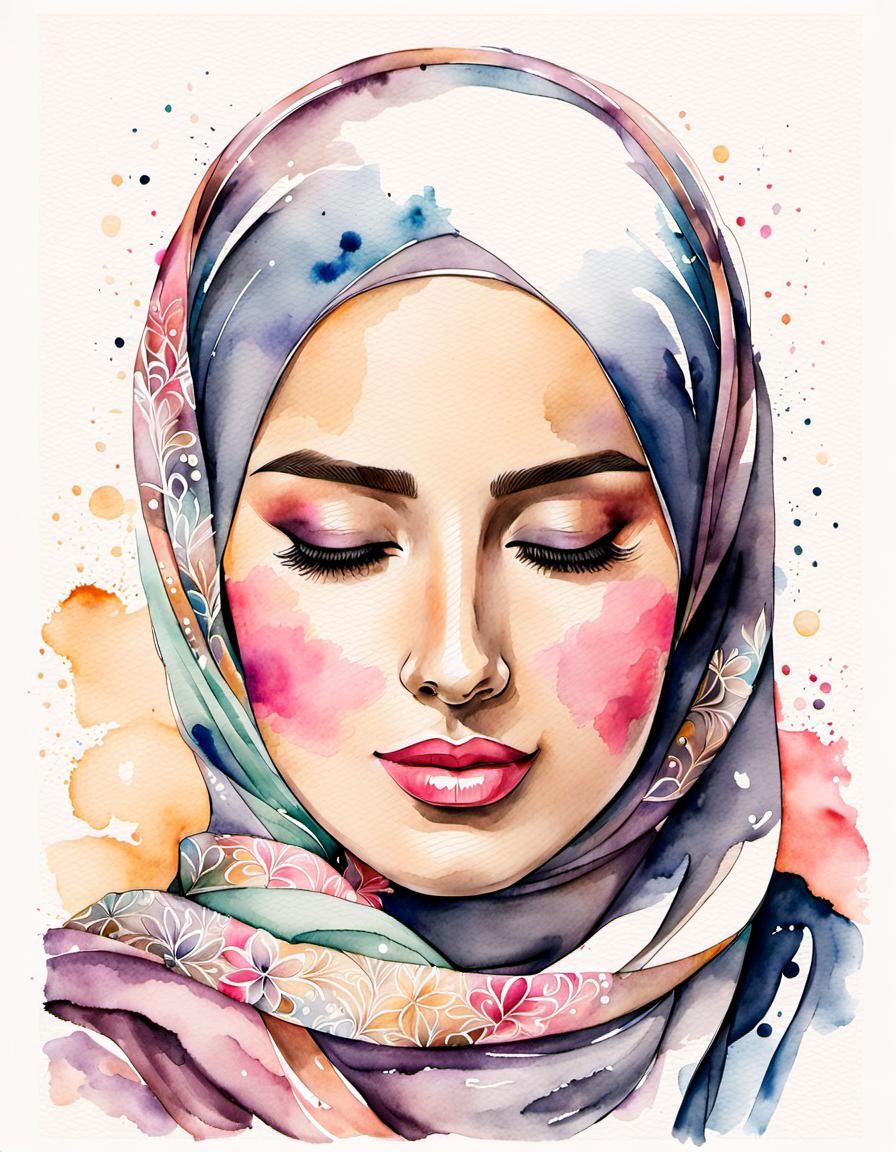 Beautiful Hijabi Woman with Closed Eyes in Watercolor
