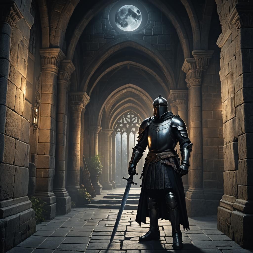 Medieval Knight in Black Armor, Digital Matte Painting