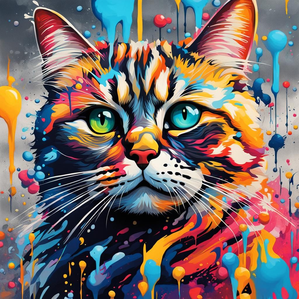 Colorful Cat Watching the Sea in Graffiti Style