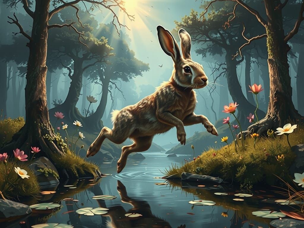 Whimsical Hare Leaping Over Forest Pond in Eclectic Gothic S...