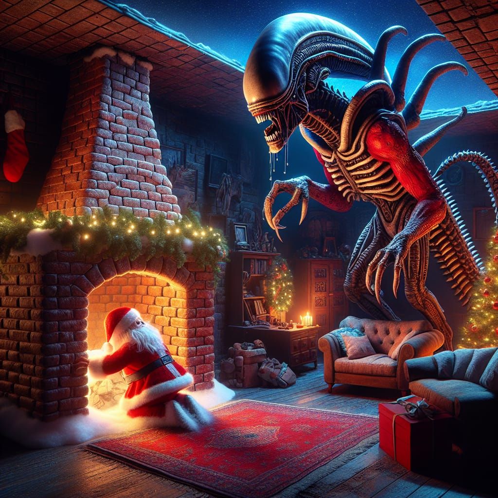 xenomorph santa crawling out of the chimney into the living room looking for naughty children