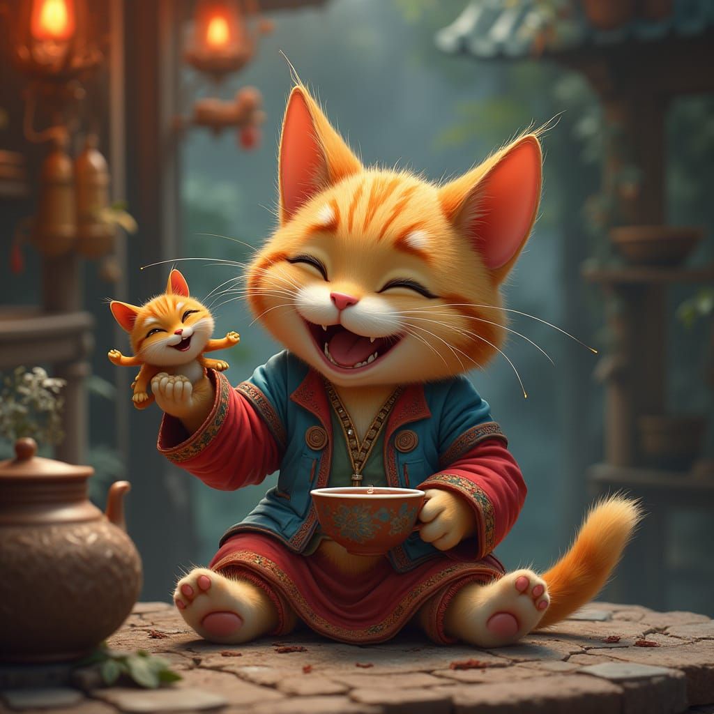 Whimsical Cat Sipping Tea: Detailed Matte Painting