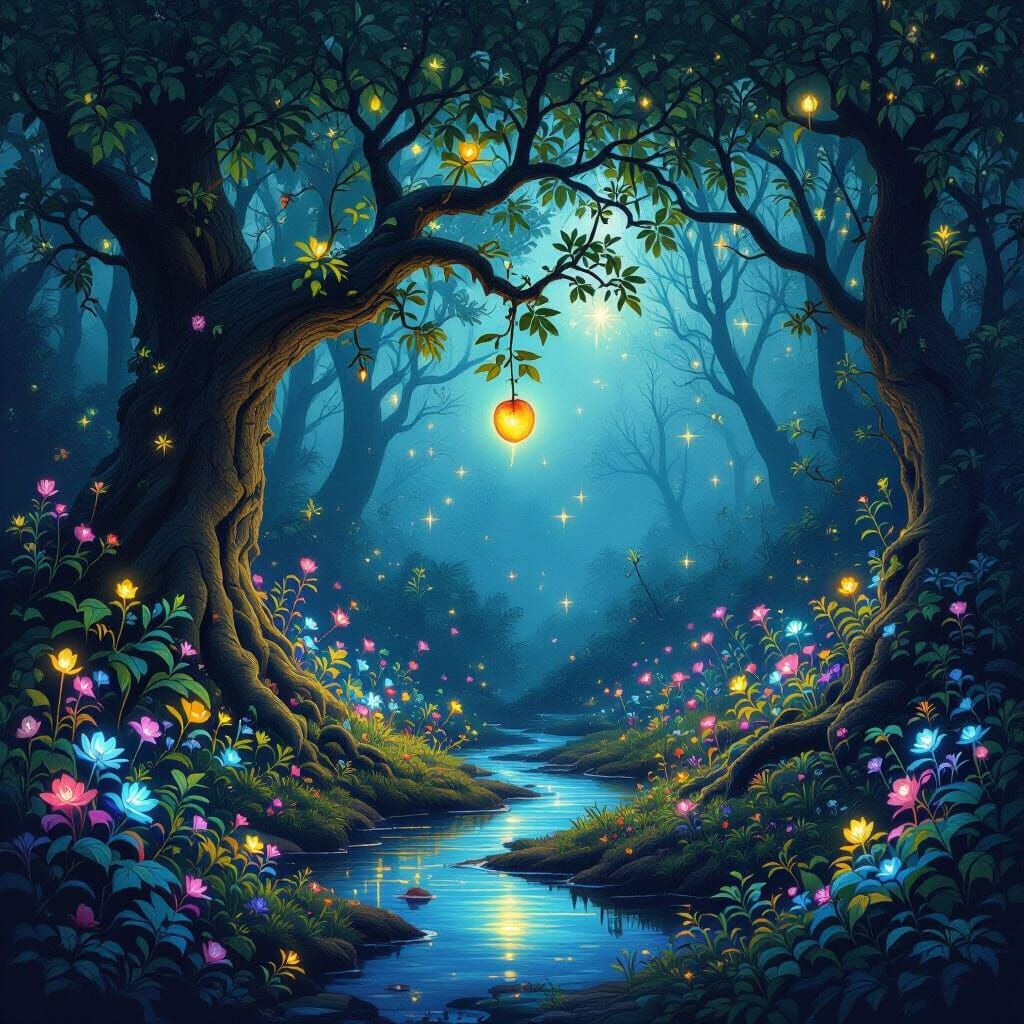 Enchanted Forest Clearing with Bioluminescent Flora and Forb...