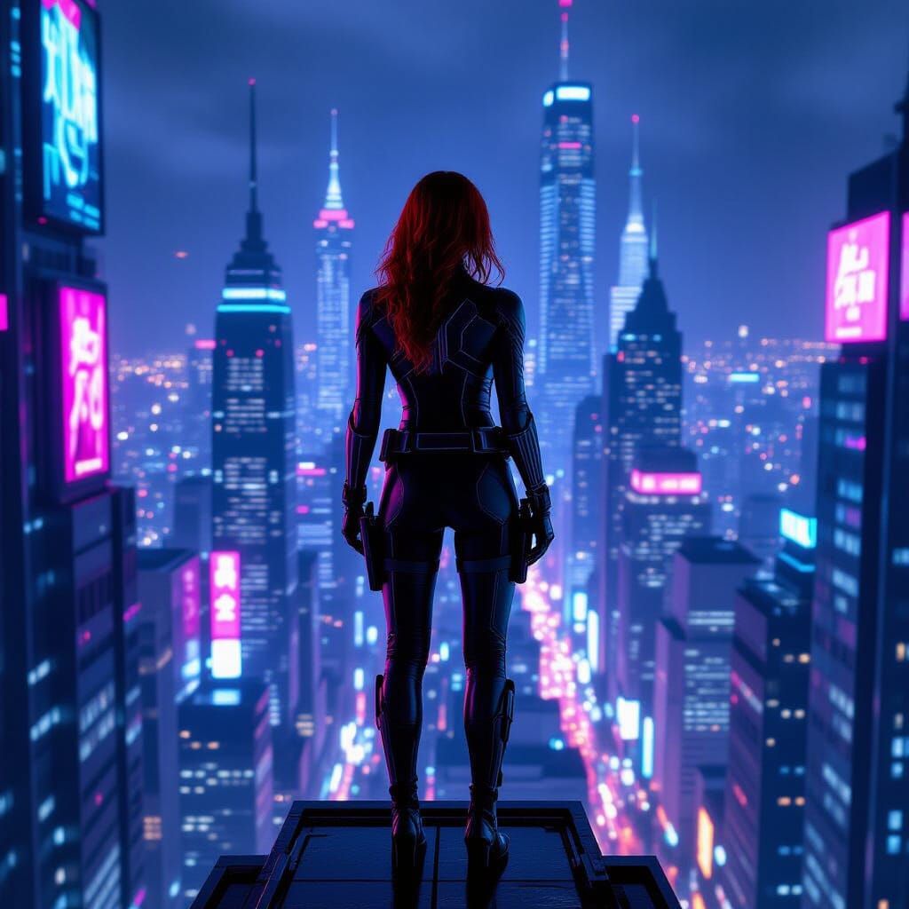 Cyberpunk Cityscape: Natasha Romanoff in Futuristic Style