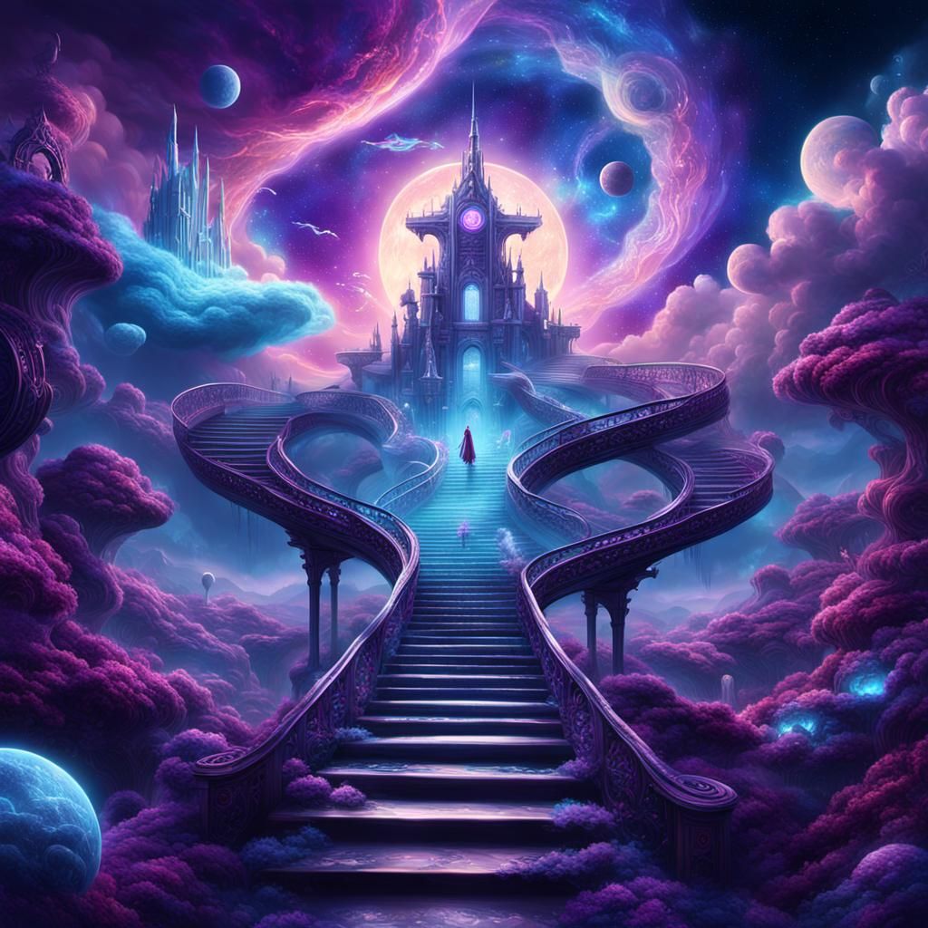 Cosmic Landscape with Floating Stairways: Concept Art