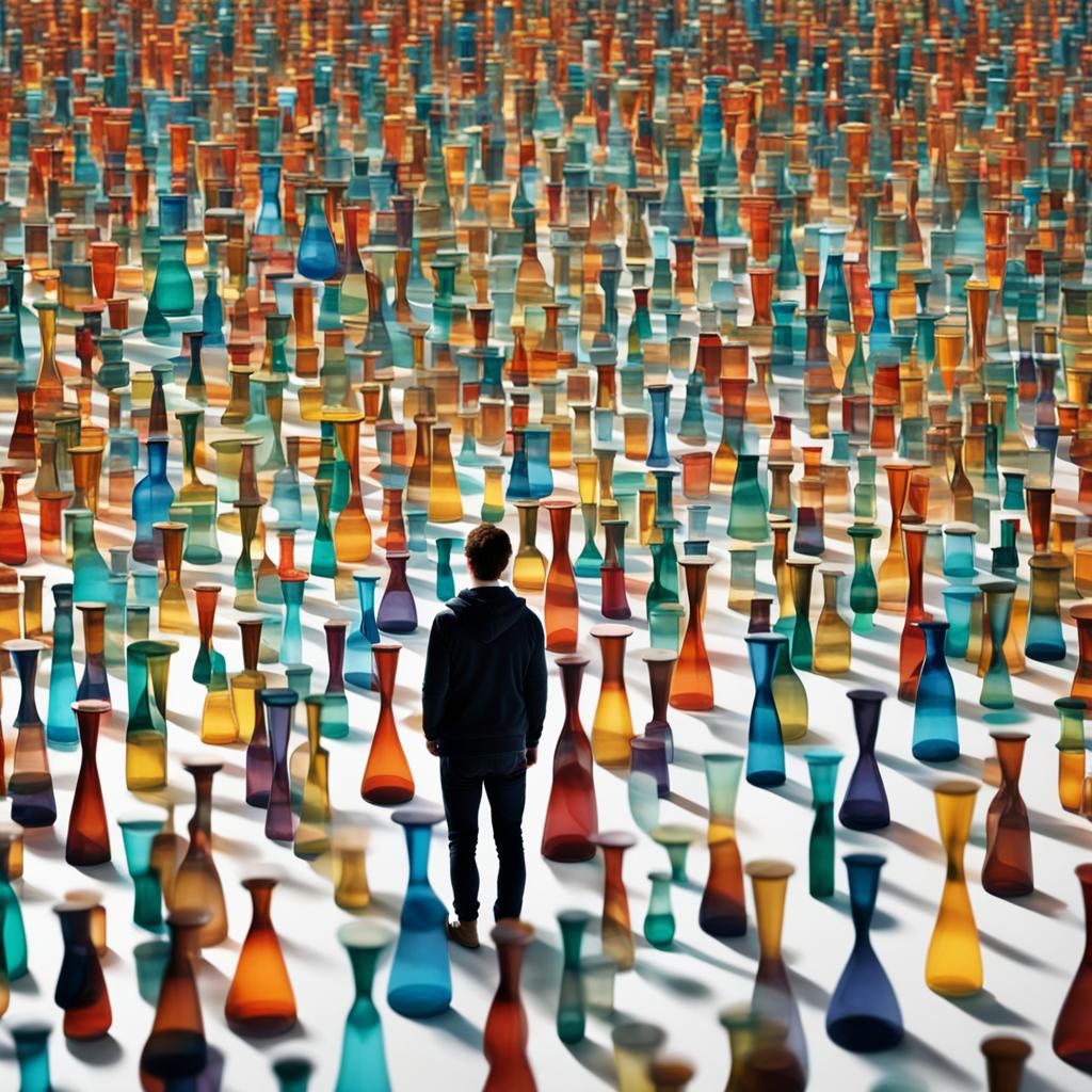 Person Amidst a Sea of Hourglasses