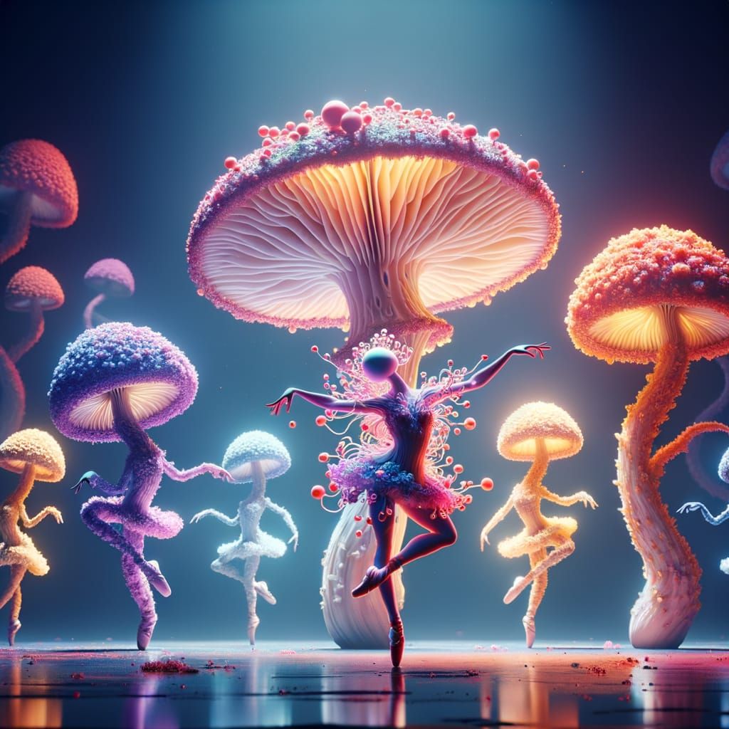 Ethereal Mushroom Dancer in Dark Fantasy Ballet