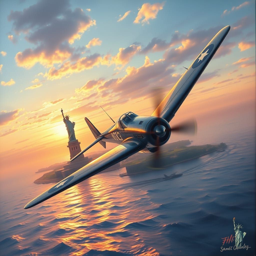 Curtiss P-40 Soars Over the Statue of Liberty in Warm Dawn L...