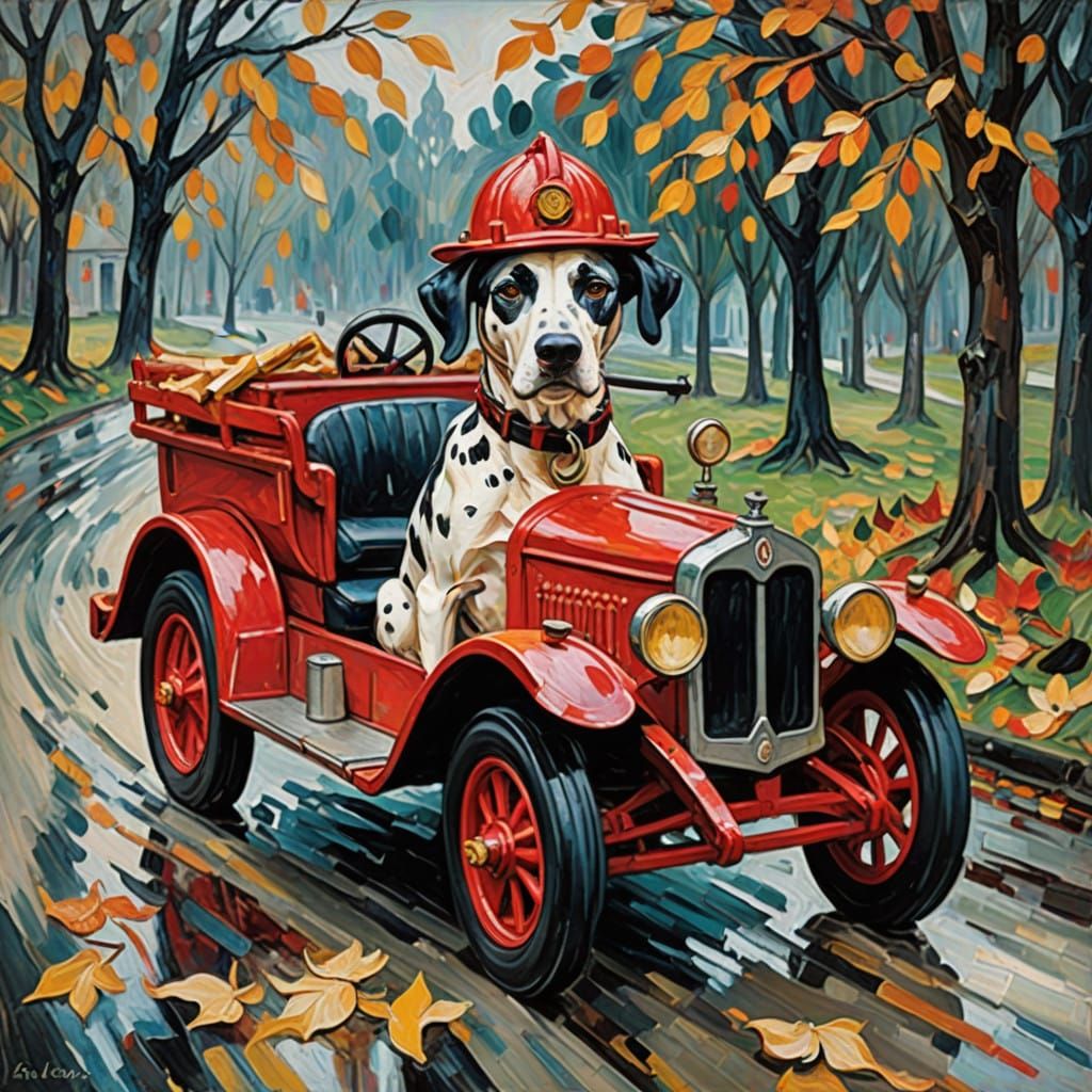 Dalmatian Firefighter Drives Vintage Firetruck Through Autum...