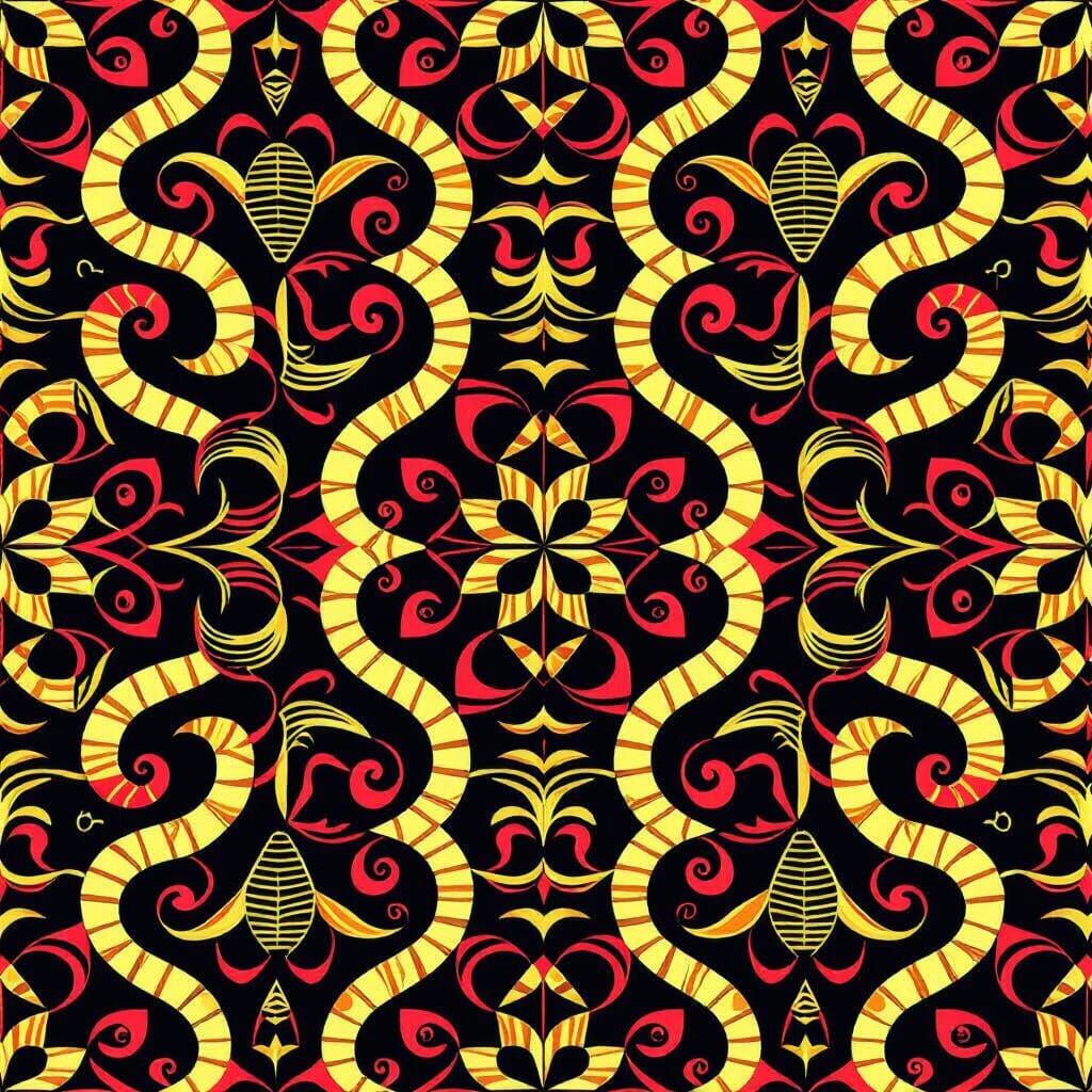 Kente Cloth Ram Horns Design in Red, Gold, Black