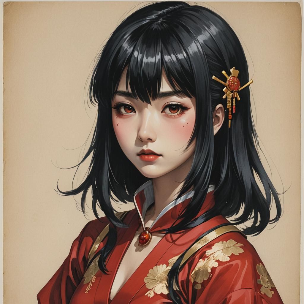 Sinister Japanese Woman in Red Costume: Hyperrealistic Portr...