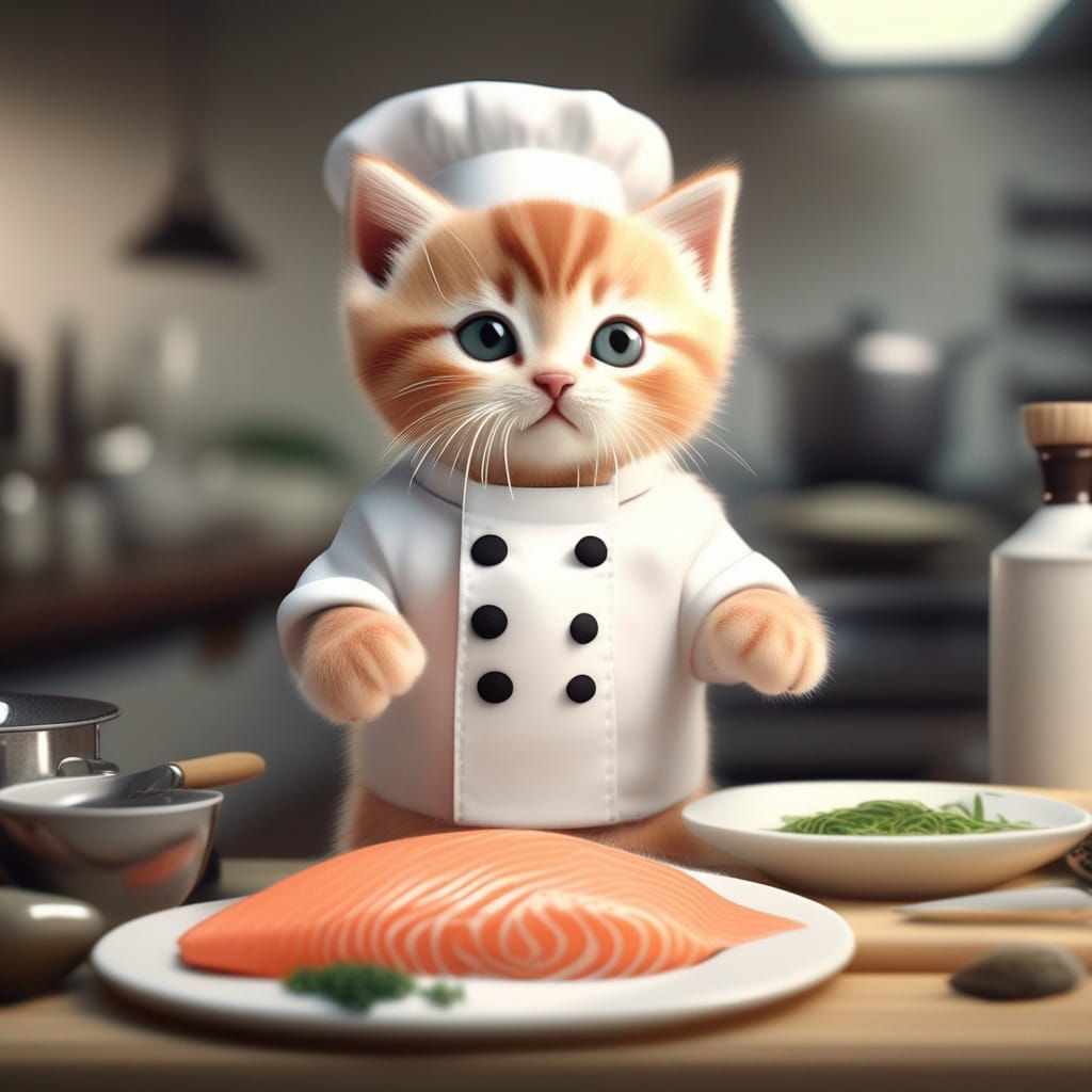 Kitten Chef Cuts Salmon: Realistic 8k Image