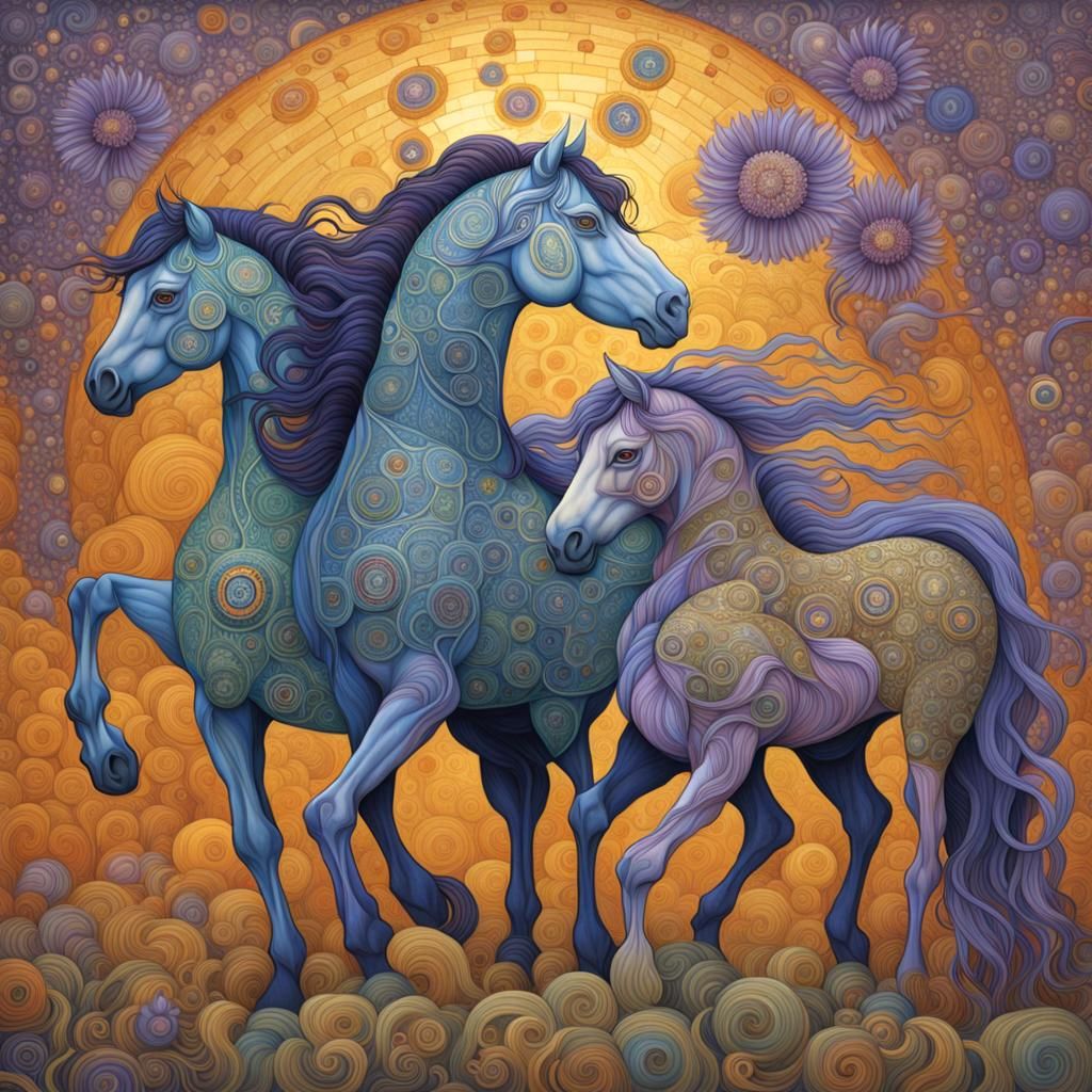 Futuristic Horses in Klimt-Inspired Colorful Landscape