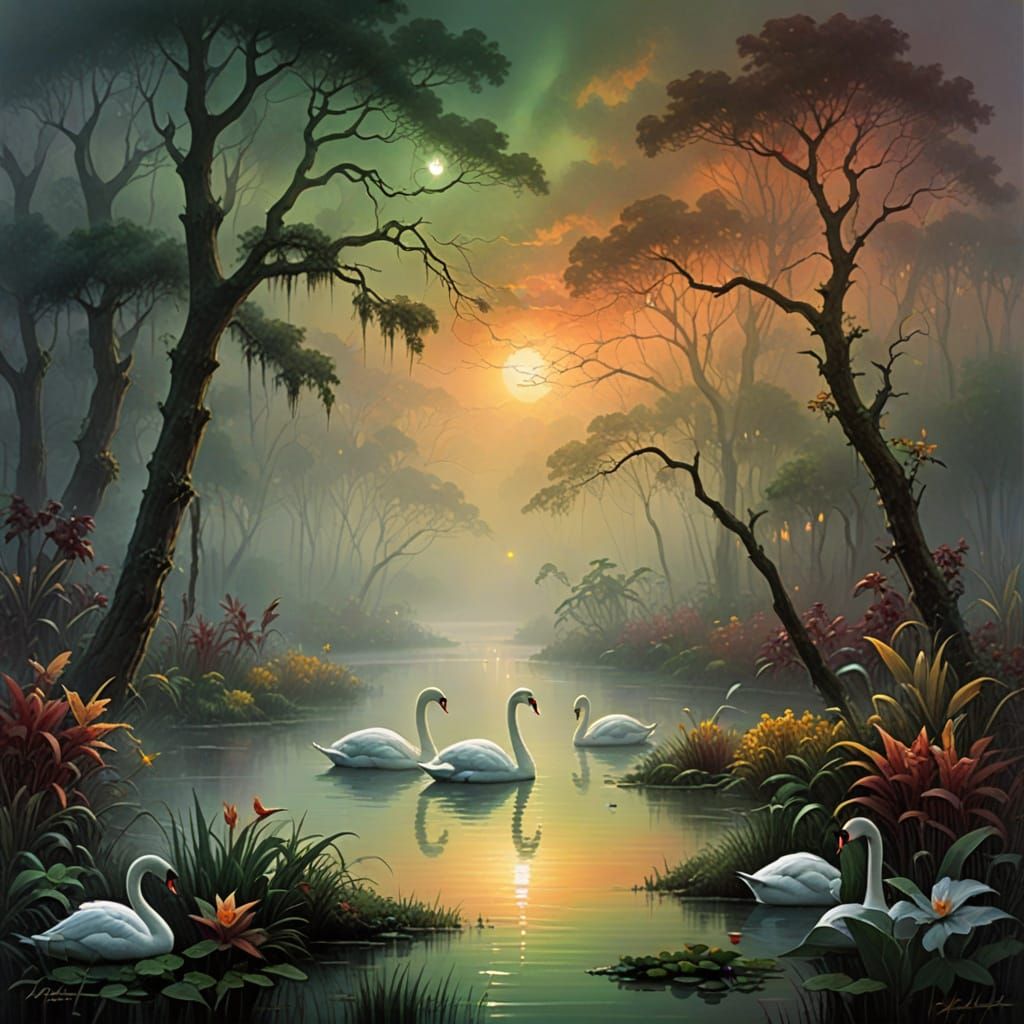 Swans in a Foggy Everglades Nighttime Scene