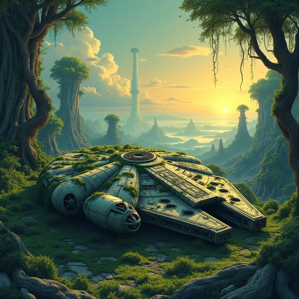 Majestic Millennium Falcon, Weathered and Worn, on a Mystica...