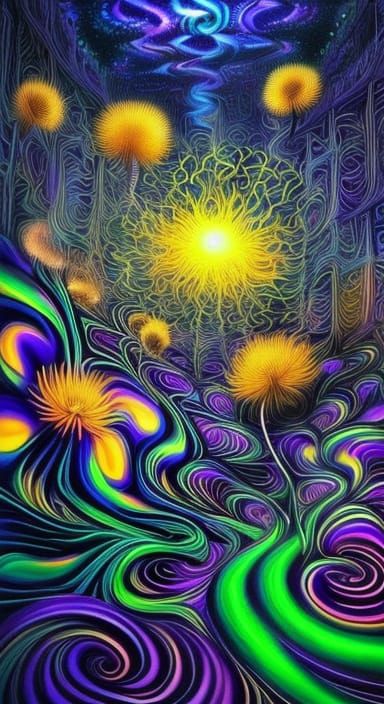 <lora:IllusionStyle0001:1.0> Blackroom:Digital art magic fantasy art floral wallpaper background dandelions psychedelic ...