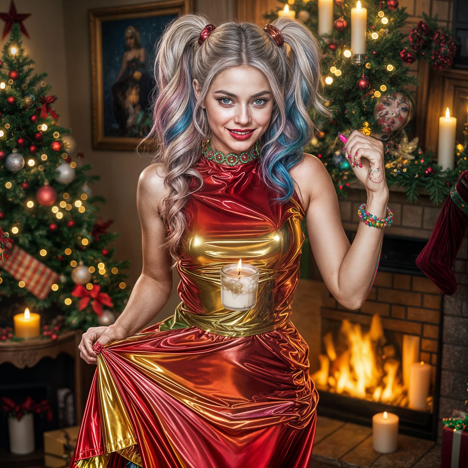 Sultry Harley Quinn Dances in a Vibrant Xmas Wonderland