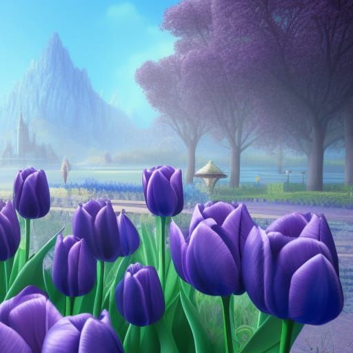 Blue Tulips in Four Seasons: Detailed Digital Painting