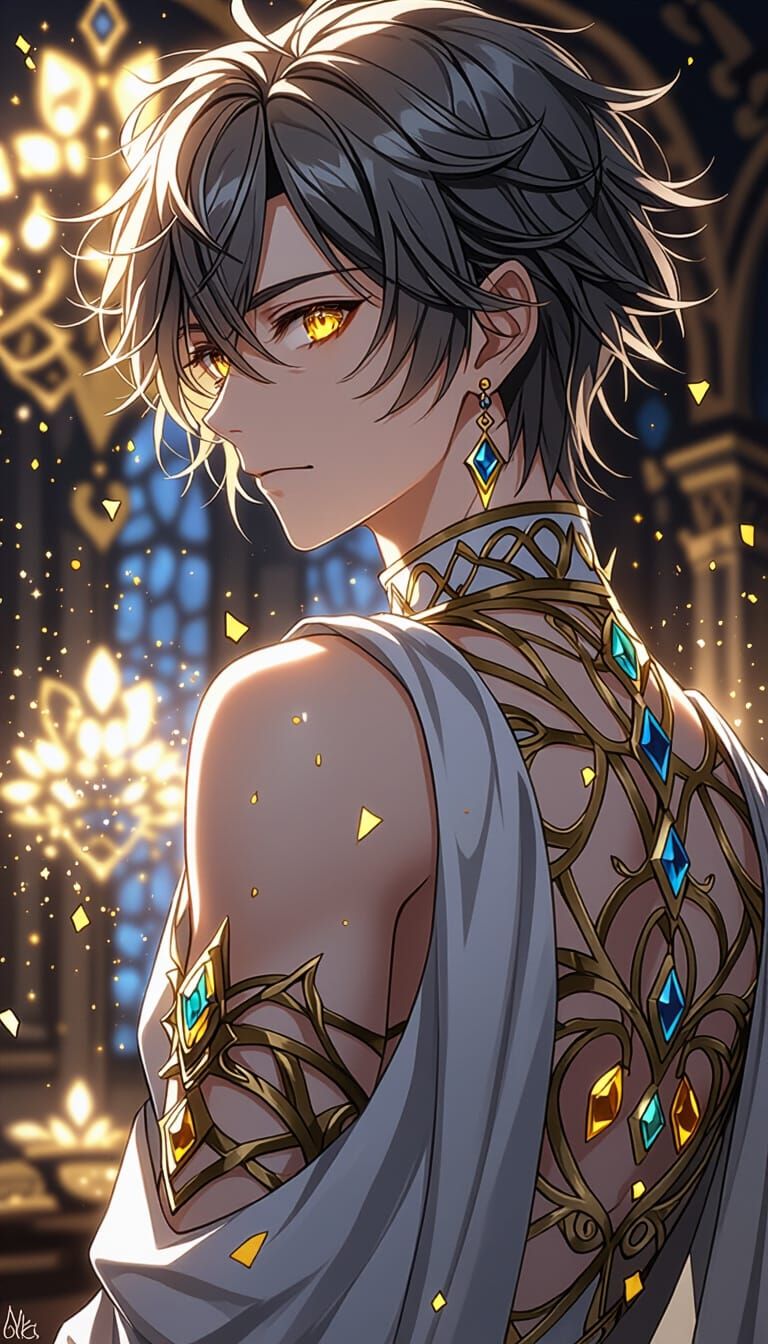 Man With Blonde Hair And Amber Eyes Amidst Golden Magic