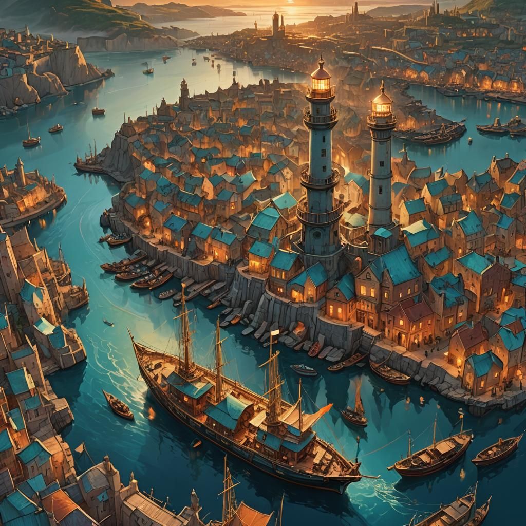 Fantasy Harbor Sunset: Aerial View in High-Fantasy Style