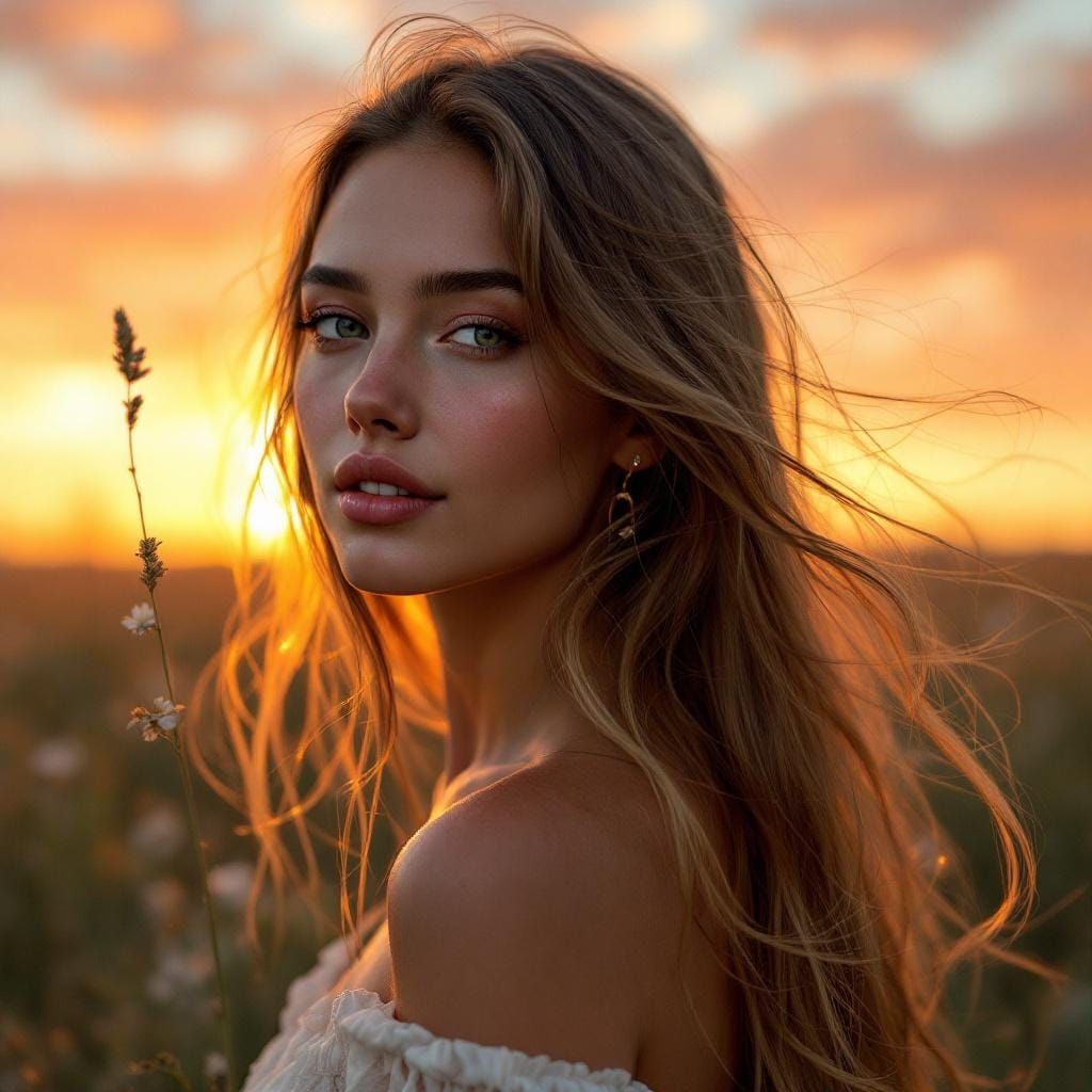 Girl in Meadow at Sunset in Art Nouveau Style