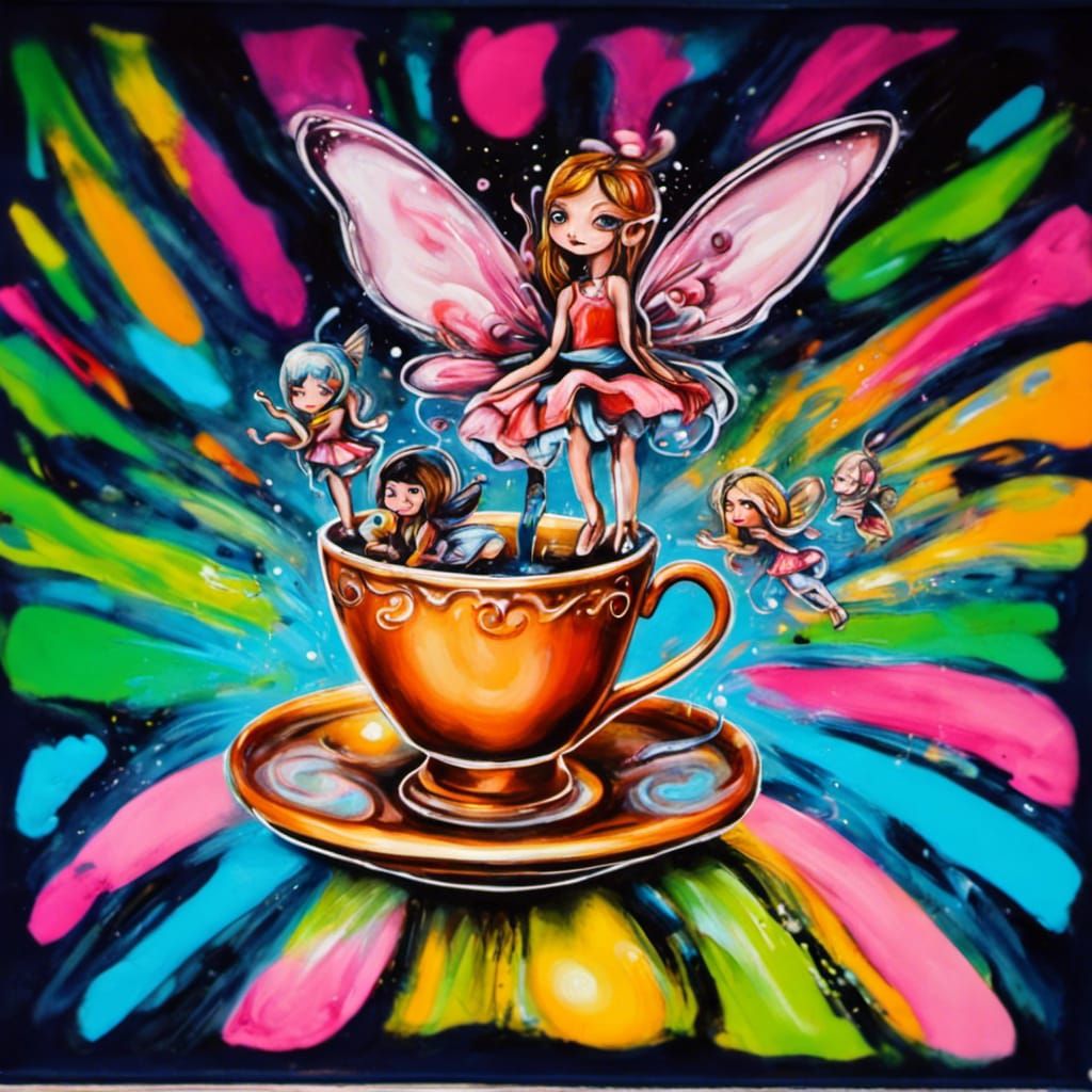 Pixie Fairies' Tea Party in Graffiti Art Style