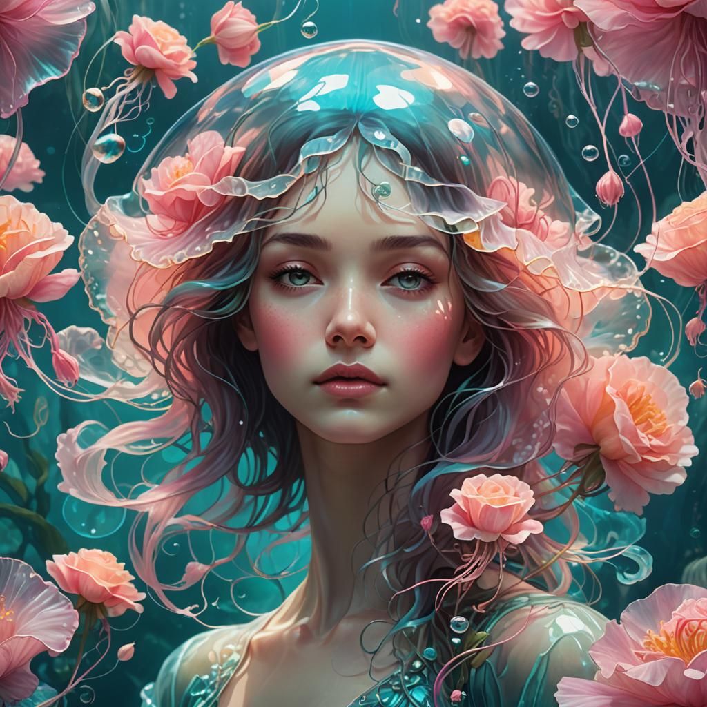 Underwater Jellyfish and Rose Garden, Art Nouveau Style