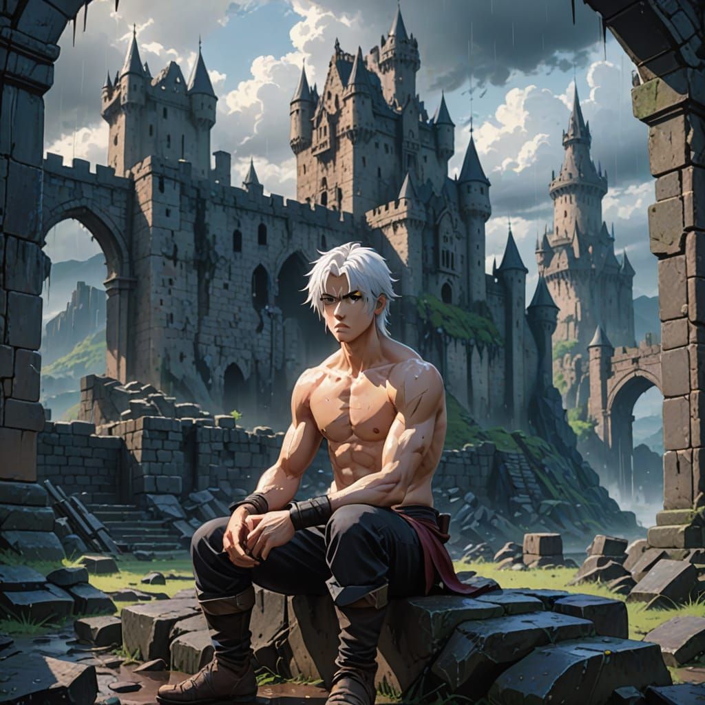 Surreal Anime Warrior Basks in Regretful Moment Amid Ruins