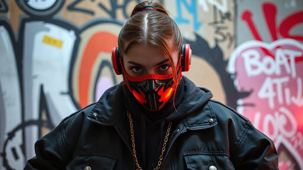 Street Artist in Cyberpunk Style with Graffiti Backdrop