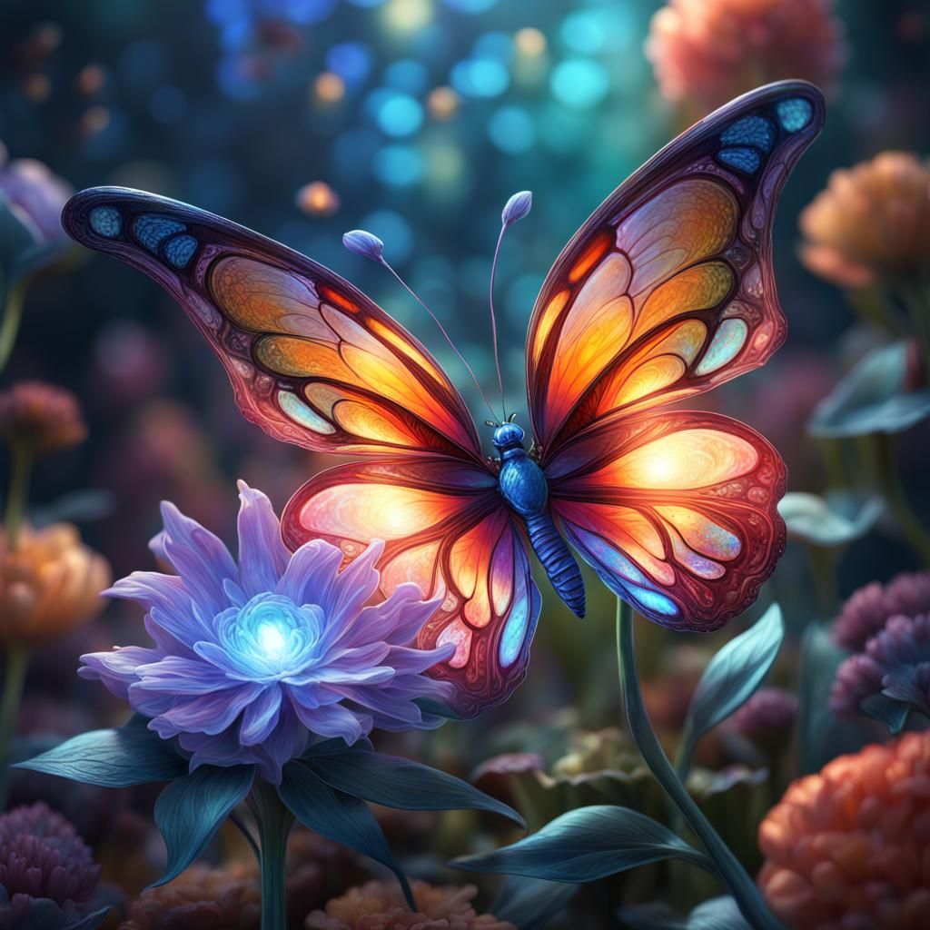 Luminescent Butterfly on Flower in Impressionist Style