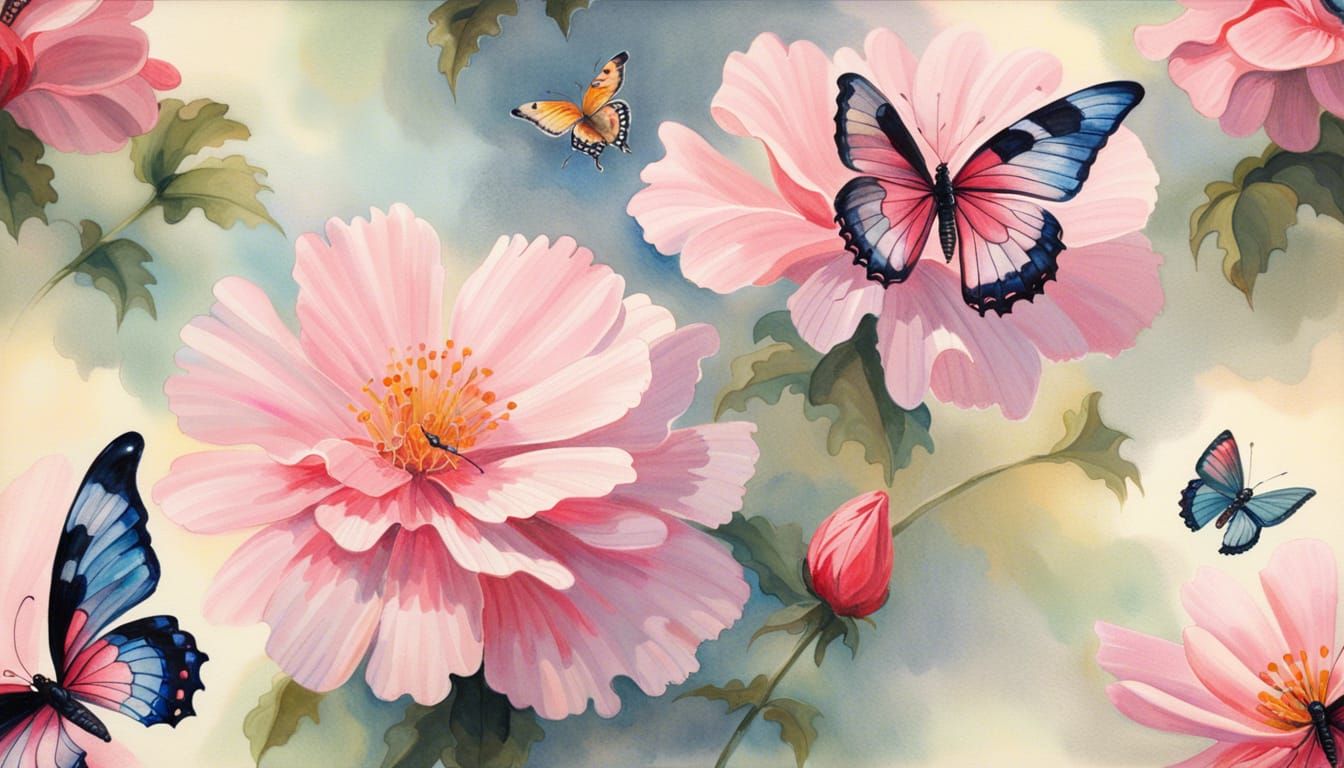 Butterflies and Pink Flower in Gouache Style