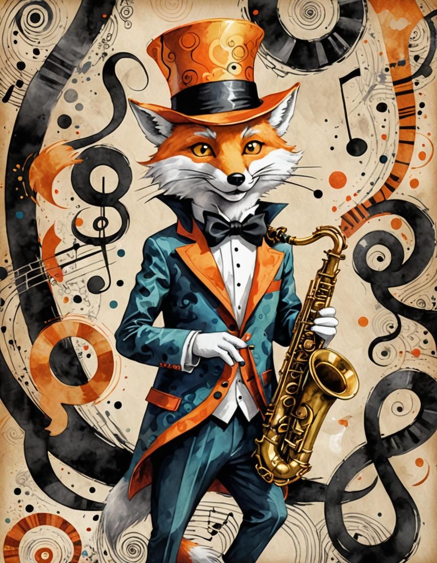 Surreal Jazz Scene with Nine-Tailed Fox in Watercolor Style