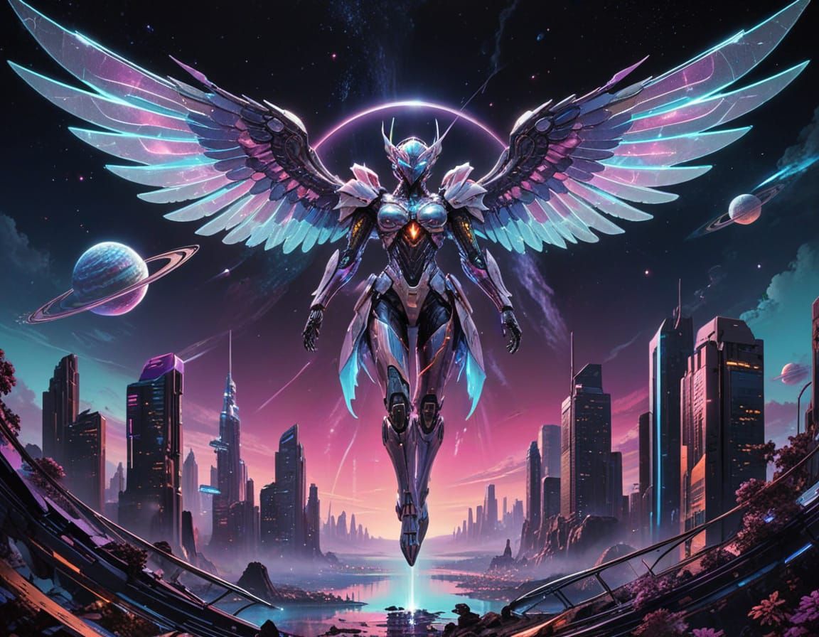 Cyberpunk Angel Soars Over Futuristic Cityscape in Vibrant N...