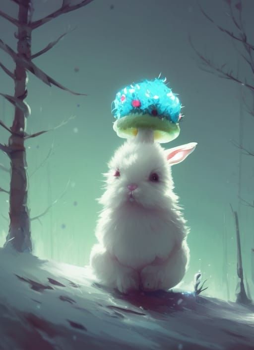 Winter Horror: Fluffy Bunny on Glowing Mushroom