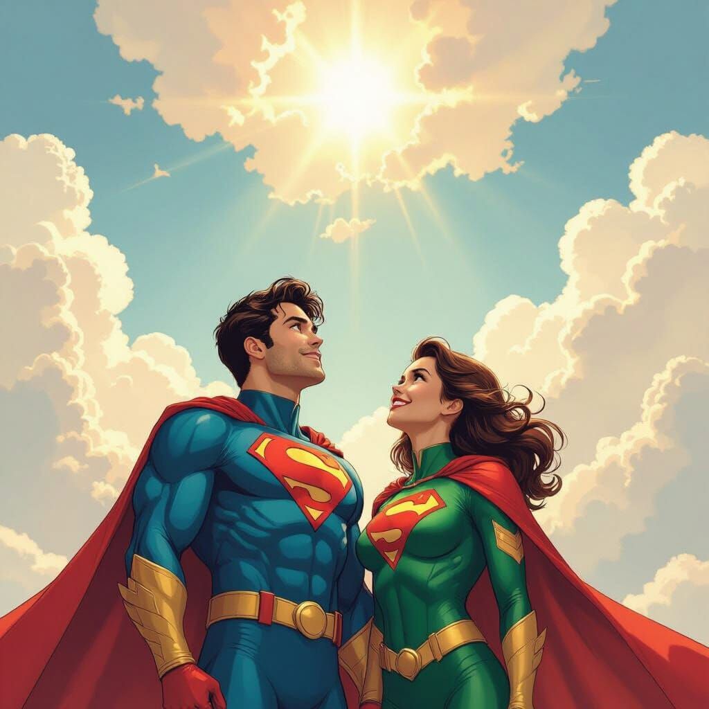Superhero Duo Gazing at Heavenly Sky, Comic Book Style