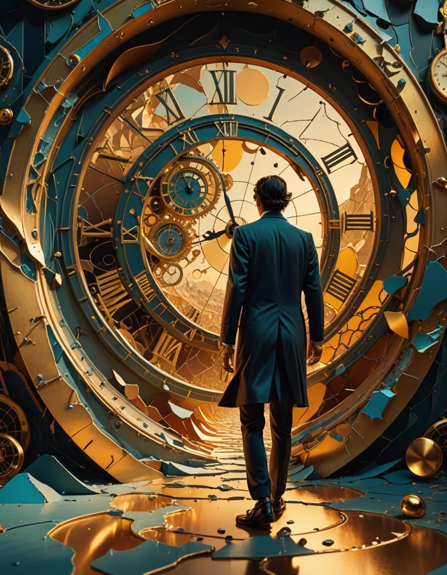 Surreal Portal with Swirling Clocks in Golden Hour