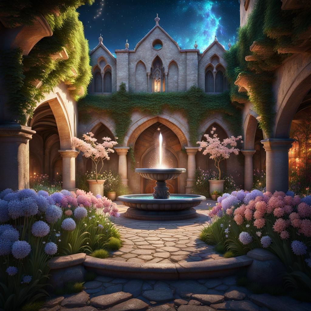 Dreamlike Medieval Courtyard Garden in Pastel Colors