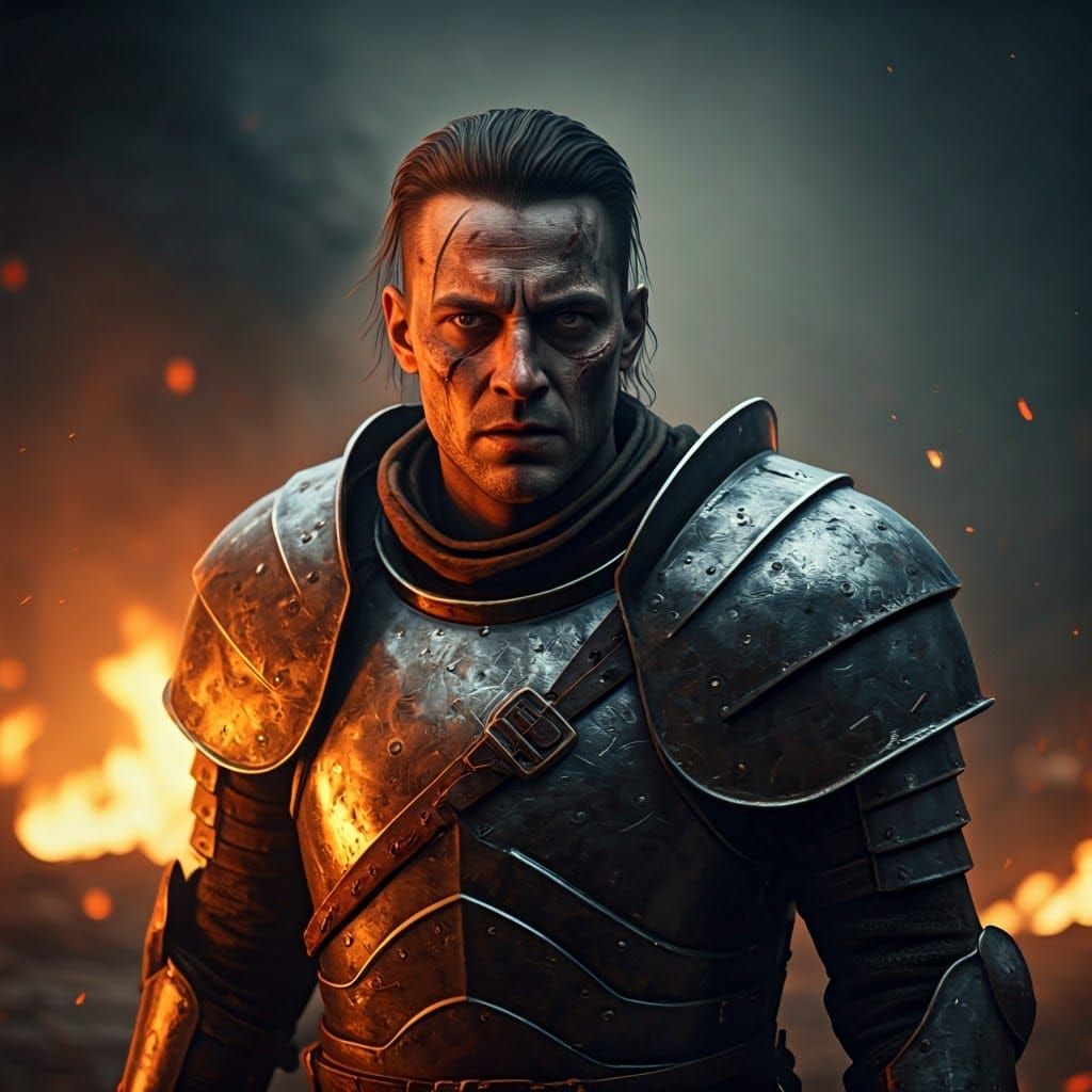 Battle-Hardened Warrior in Smoke-Filled Chaos