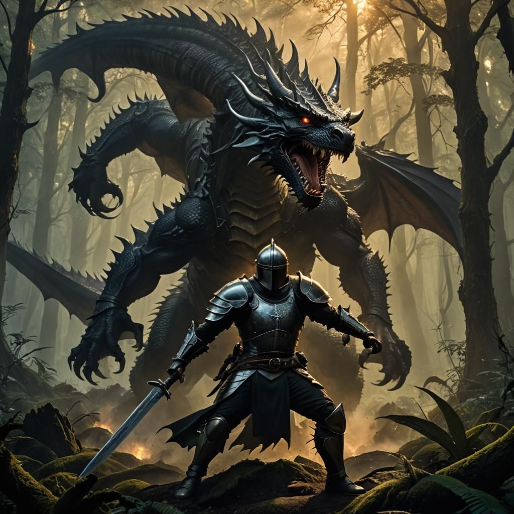 Heroic Dragon Slayer in Dark Fantasy Forest