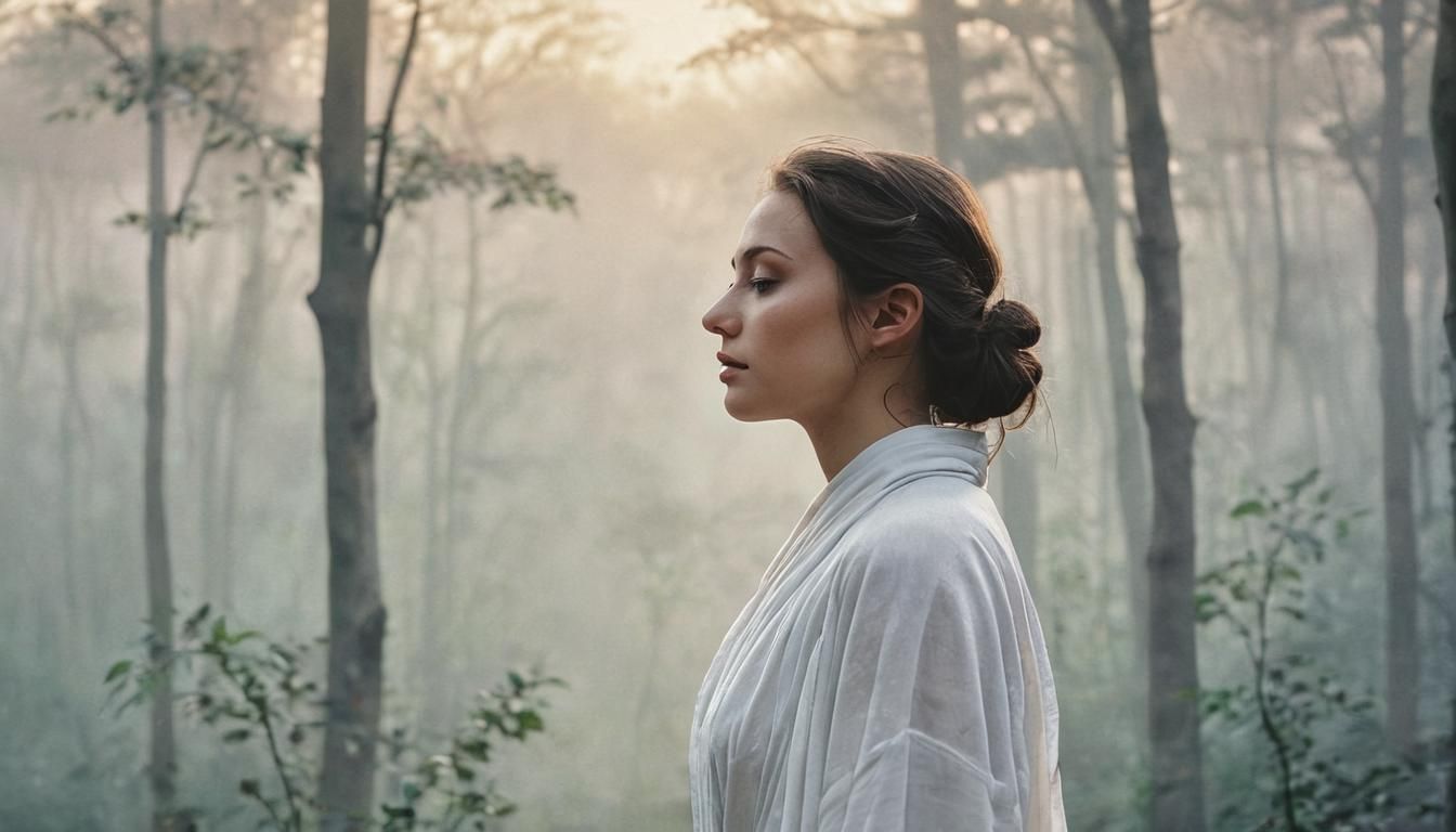 Serene Woman in Misty Forest: Minimalist Ink Painting