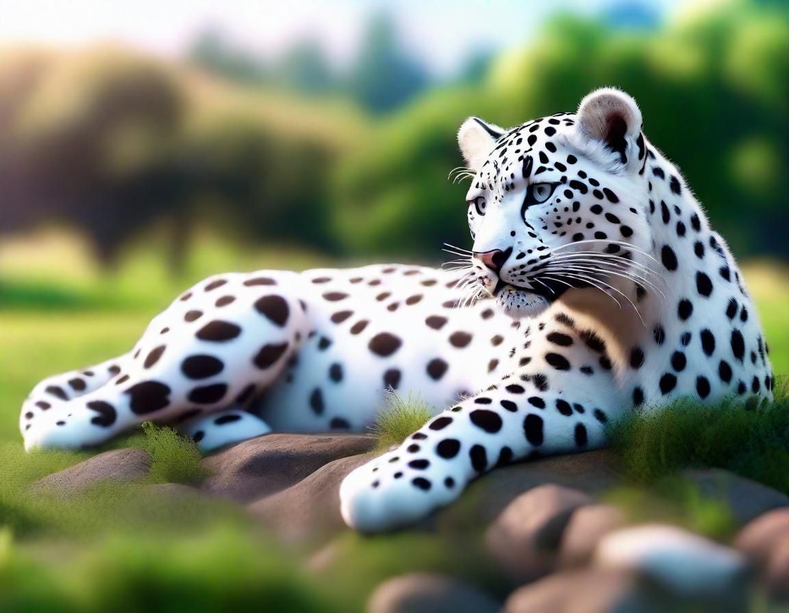 Adorable super cute and fluffy baby white leopard, lying at a pastoral nature, splash art, concept art, mid shot, intric...