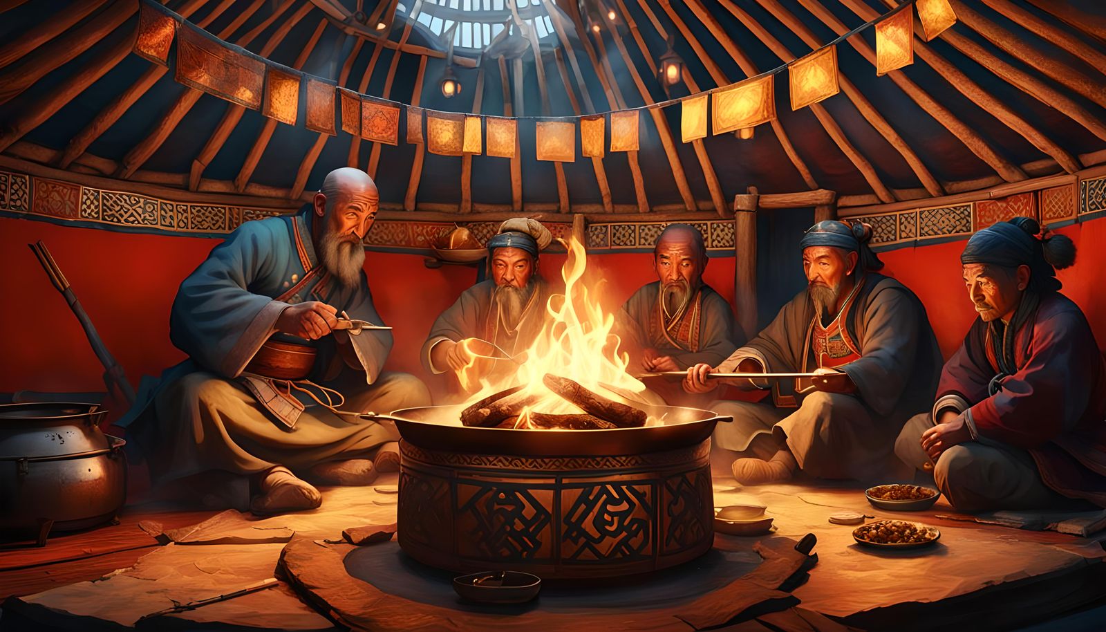 Mongolian Family Meal in Yurt, Hyperdetailed Lighting